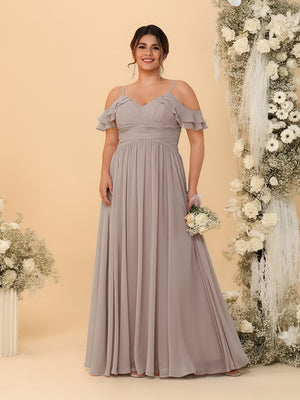A-Line/Princess V-Neck Spaghetti Straps Chiffon Ruched Plus Size Bridesmaid Dresses