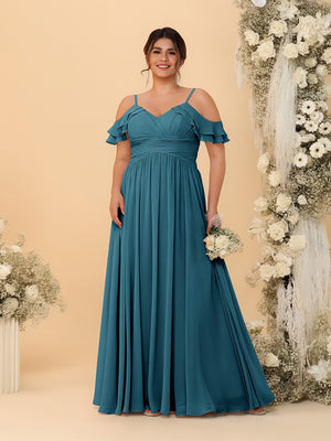 A-Line/Princess V-Neck Spaghetti Straps Chiffon Ruched Plus Size Bridesmaid Dresses