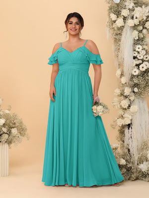 A-Line/Princess V-Neck Spaghetti Straps Chiffon Ruched Plus Size Bridesmaid Dresses