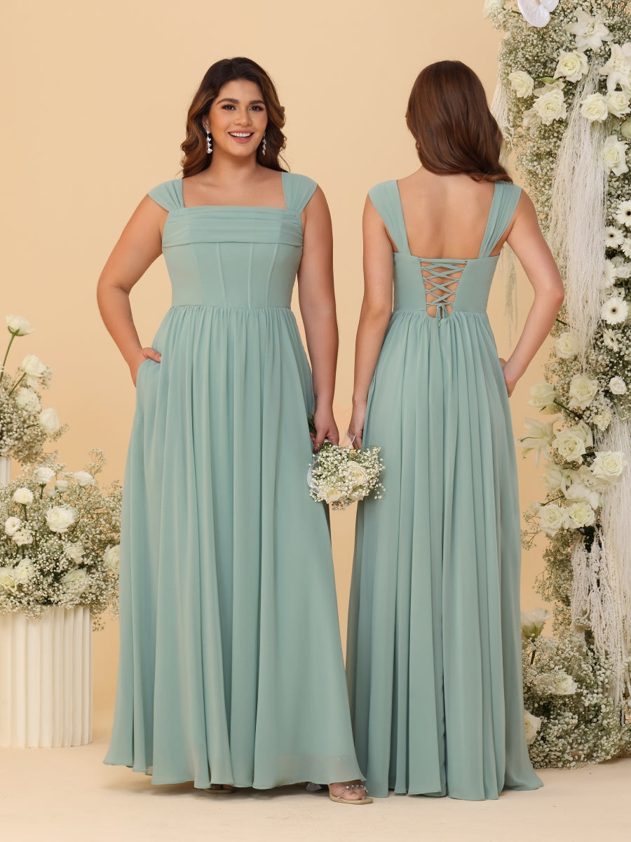 Chiffon A-Line/Princess Square Neck Sleeveless Bridesmaid Dresses with Pleats