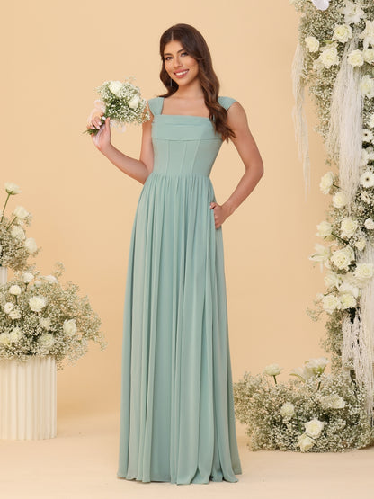Chiffon A-Line/Princess Square Neck Sleeveless Bridesmaid Dresses with Pleats