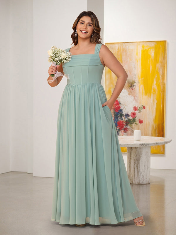 Chiffon A-Line/Princess Square Neck Sleeveless Plus Size Bridesmaid Dresses with Pleats
