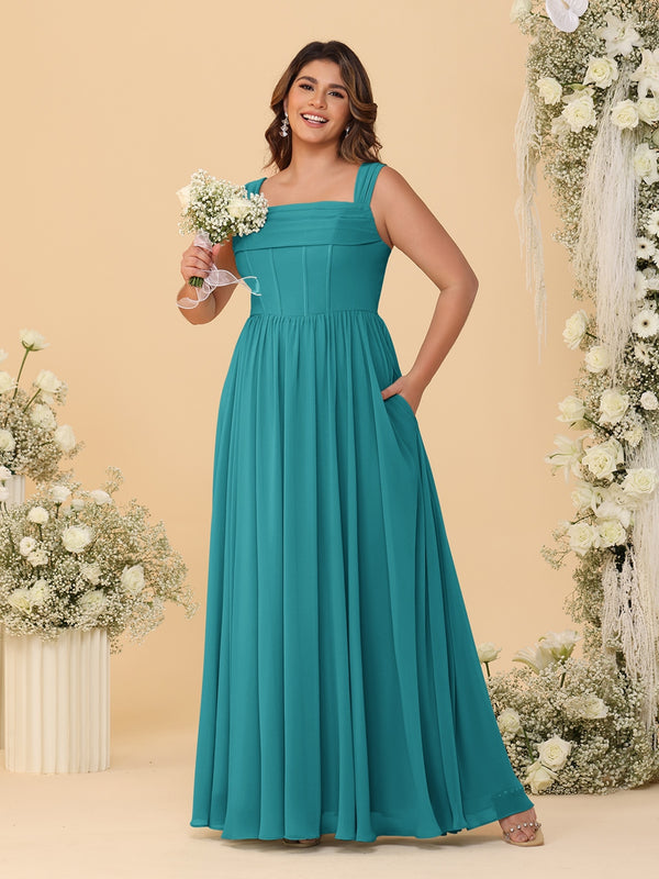 Chiffon A-Line/Princess Square Neck Sleeveless Plus Size Bridesmaid Dresses with Pleats