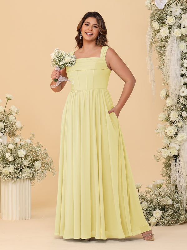 Chiffon A-Line/Princess Square Neck Sleeveless Plus Size Bridesmaid Dresses with Pleats