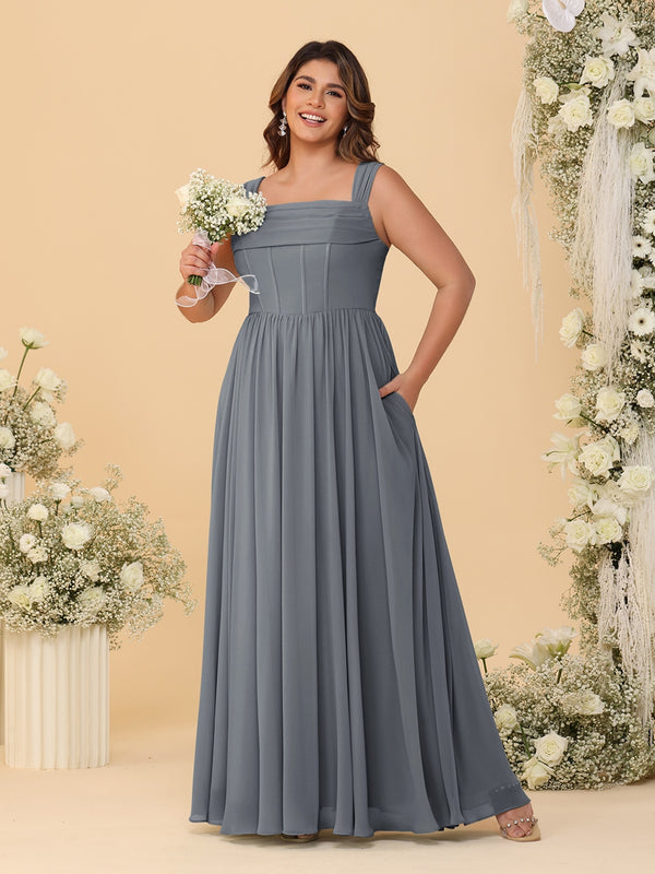 Chiffon A-Line/Princess Square Neck Sleeveless Plus Size Bridesmaid Dresses with Pleats