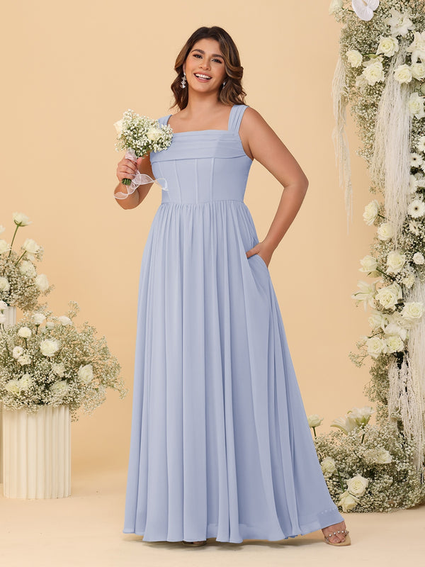 Chiffon A-Line/Princess Square Neck Sleeveless Plus Size Bridesmaid Dresses with Pleats