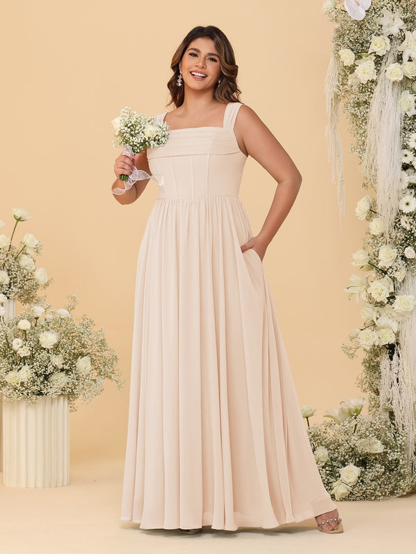 Chiffon A-Line/Princess Square Neck Sleeveless Plus Size Bridesmaid Dresses with Pleats