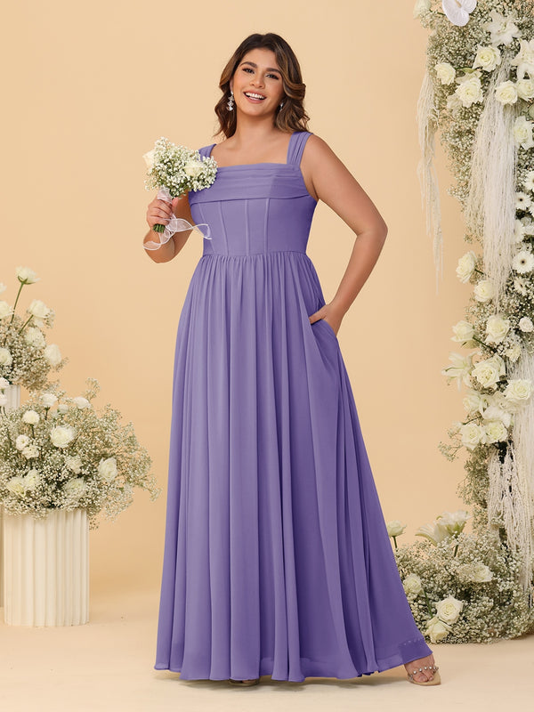 Chiffon A-Line/Princess Square Neck Sleeveless Plus Size Bridesmaid Dresses with Pleats