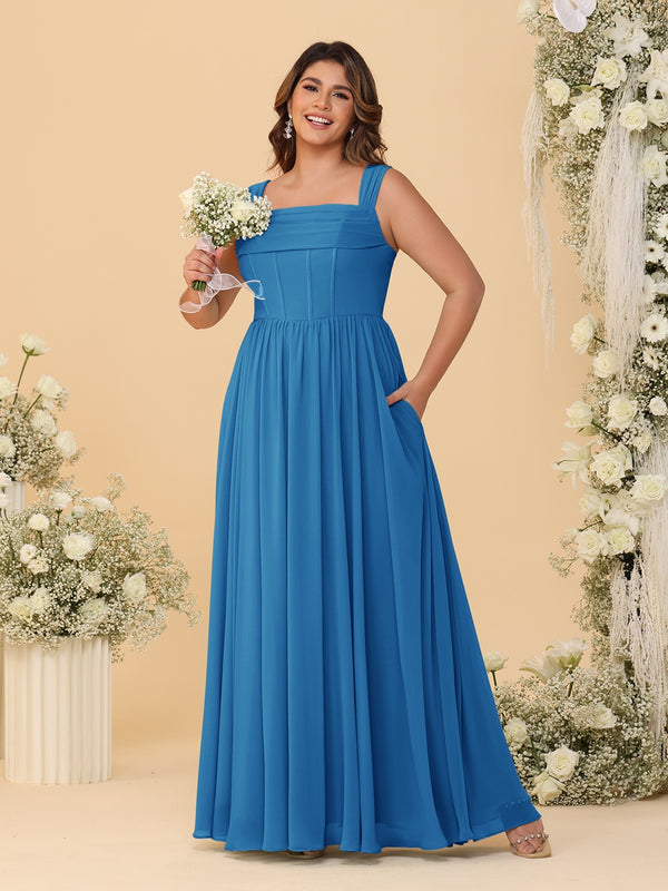 Chiffon A-Line/Princess Square Neck Sleeveless Plus Size Bridesmaid Dresses with Pleats