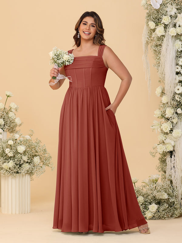 Chiffon A-Line/Princess Square Neck Sleeveless Plus Size Bridesmaid Dresses with Pleats