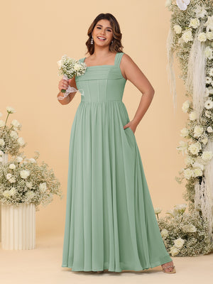 Chiffon A-Line/Princess Square Neck Sleeveless Plus Size Bridesmaid Dresses with Pleats