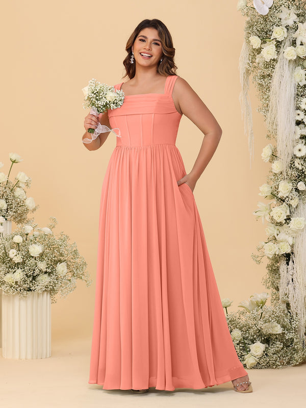 Chiffon A-Line/Princess Square Neck Sleeveless Plus Size Bridesmaid Dresses with Pleats