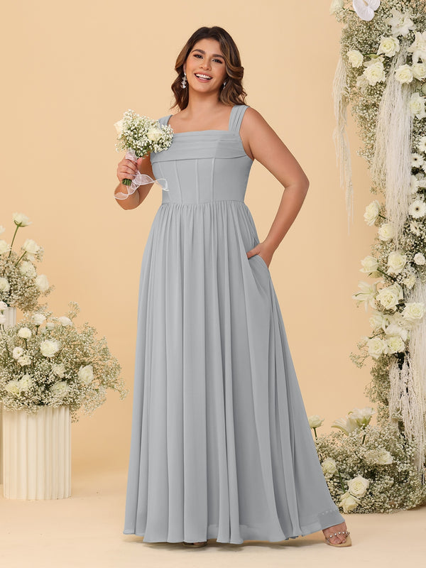 Chiffon A-Line/Princess Square Neck Sleeveless Plus Size Bridesmaid Dresses with Pleats