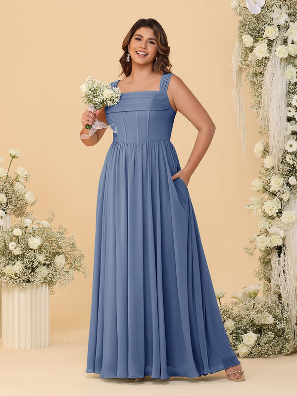 Chiffon A-Line/Princess Square Neck Sleeveless Plus Size Bridesmaid Dresses with Pleats