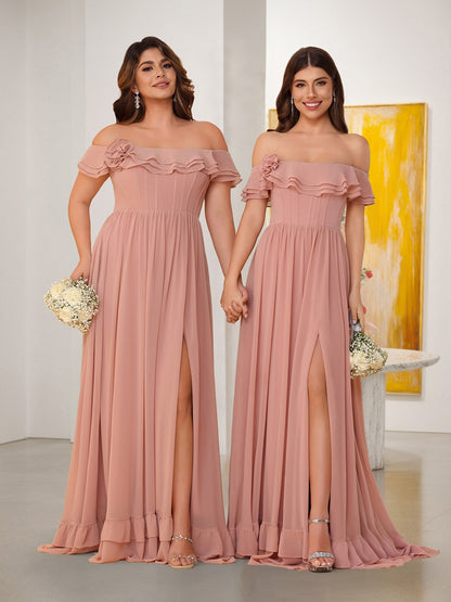Chiffon A-Line/Princess Off-the-Shoulder Short Sleeves Ruched Bridesmaid Dresses