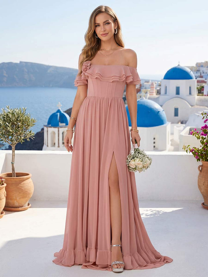 Chiffon A-Line/Princess Off-the-Shoulder Short Sleeves Ruched Bridesmaid Dresses