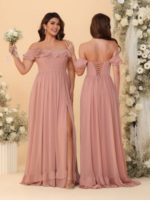 Chiffon A-Line/Princess Off-the-Shoulder Short Sleeves Ruched Bridesmaid Dresses