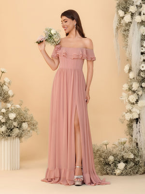 Chiffon A-Line/Princess Off-the-Shoulder Short Sleeves Ruched Bridesmaid Dresses