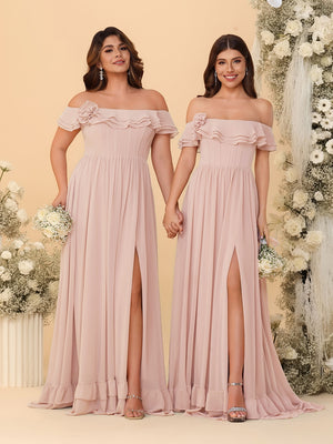 Chiffon A-Line/Princess Off-the-Shoulder Short Sleeves Ruched Bridesmaid Dresses