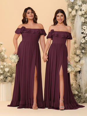 Chiffon A-Line/Princess Off-the-Shoulder Short Sleeves Ruched Bridesmaid Dresses
