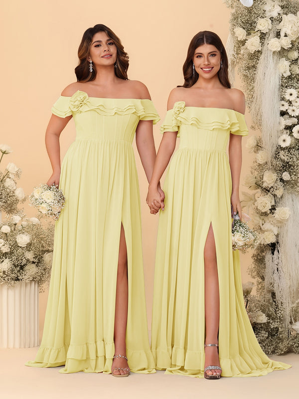 Chiffon A-Line/Princess Off-the-Shoulder Short Sleeves Ruched Bridesmaid Dresses