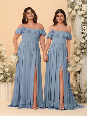 Chiffon A-Line/Princess Off-the-Shoulder Short Sleeves Ruched Bridesmaid Dresses