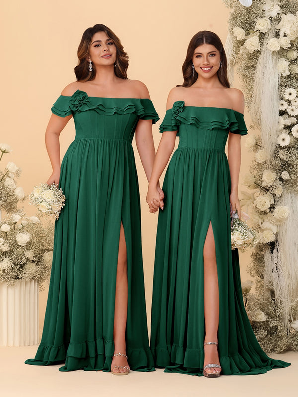 Chiffon A-Line/Princess Off-the-Shoulder Short Sleeves Ruched Bridesmaid Dresses