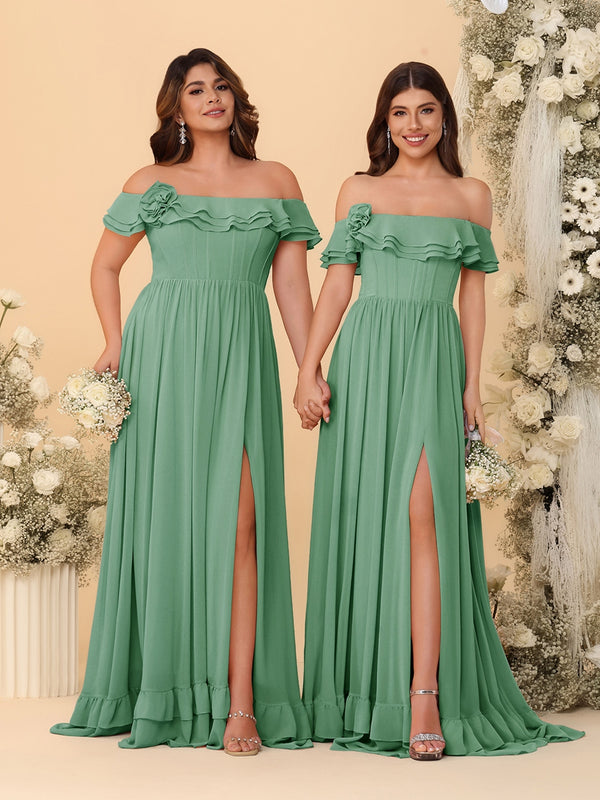 Chiffon A-Line/Princess Off-the-Shoulder Short Sleeves Ruched Bridesmaid Dresses