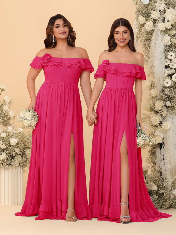 Chiffon A-Line/Princess Off-the-Shoulder Short Sleeves Ruched Bridesmaid Dresses
