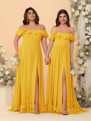 Chiffon A-Line/Princess Off-the-Shoulder Short Sleeves Ruched Bridesmaid Dresses