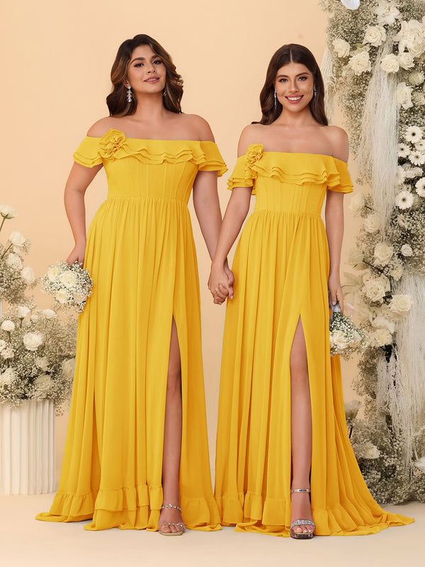 Chiffon A-Line/Princess Off-the-Shoulder Short Sleeves Ruched Bridesmaid Dresses