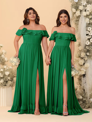 Chiffon A-Line/Princess Off-the-Shoulder Short Sleeves Ruched Bridesmaid Dresses