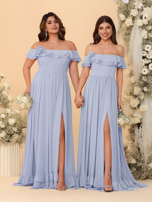 Chiffon A-Line/Princess Off-the-Shoulder Short Sleeves Ruched Bridesmaid Dresses