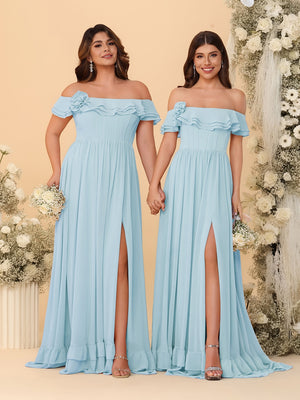 Chiffon A-Line/Princess Off-the-Shoulder Short Sleeves Ruched Bridesmaid Dresses