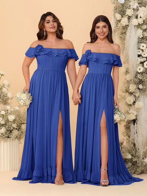Chiffon A-Line/Princess Off-the-Shoulder Short Sleeves Ruched Bridesmaid Dresses