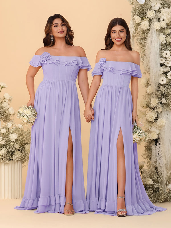 Chiffon A-Line/Princess Off-the-Shoulder Short Sleeves Ruched Bridesmaid Dresses