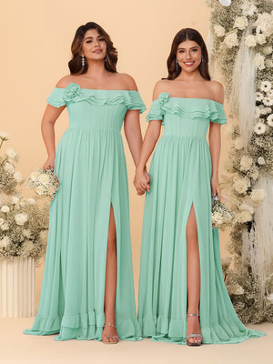 Chiffon A-Line/Princess Off-the-Shoulder Short Sleeves Ruched Bridesmaid Dresses
