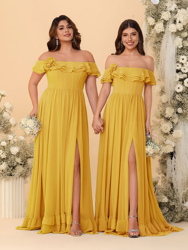 Chiffon A-Line/Princess Off-the-Shoulder Short Sleeves Ruched Bridesmaid Dresses