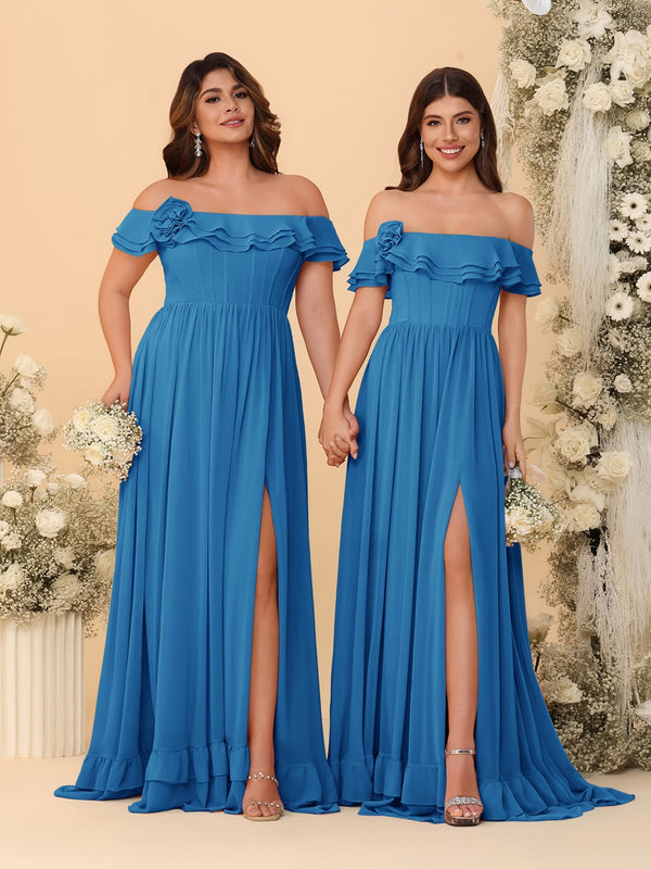 Chiffon A-Line/Princess Off-the-Shoulder Short Sleeves Ruched Bridesmaid Dresses