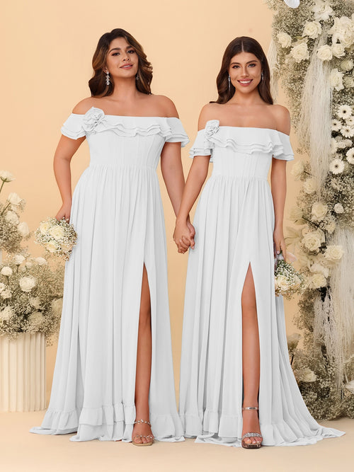 Chiffon A-Line/Princess Off-the-Shoulder Short Sleeves Ruched Bridesmaid Dresses