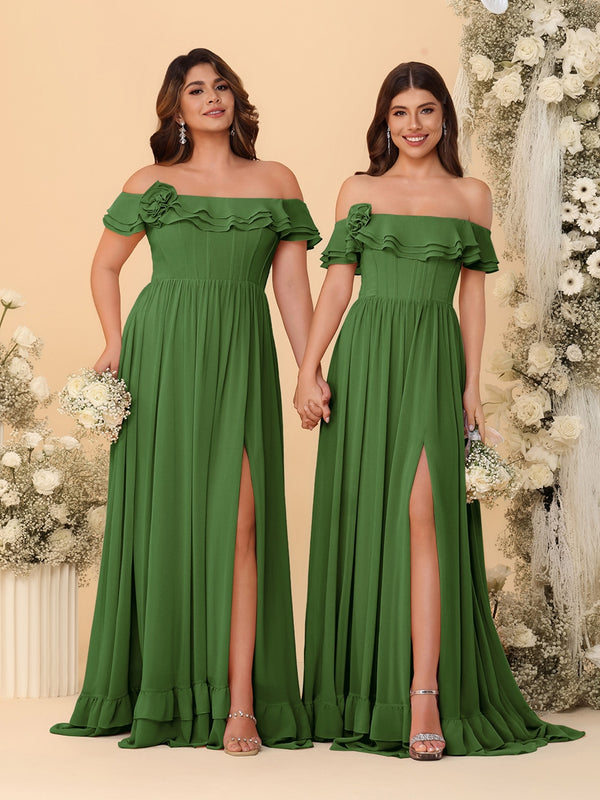 Chiffon A-Line/Princess Off-the-Shoulder Short Sleeves Ruched Bridesmaid Dresses