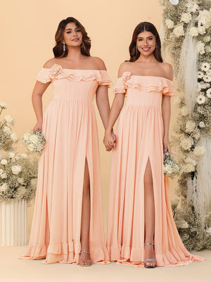 Chiffon A-Line/Princess Off-the-Shoulder Short Sleeves Ruched Bridesmaid Dresses