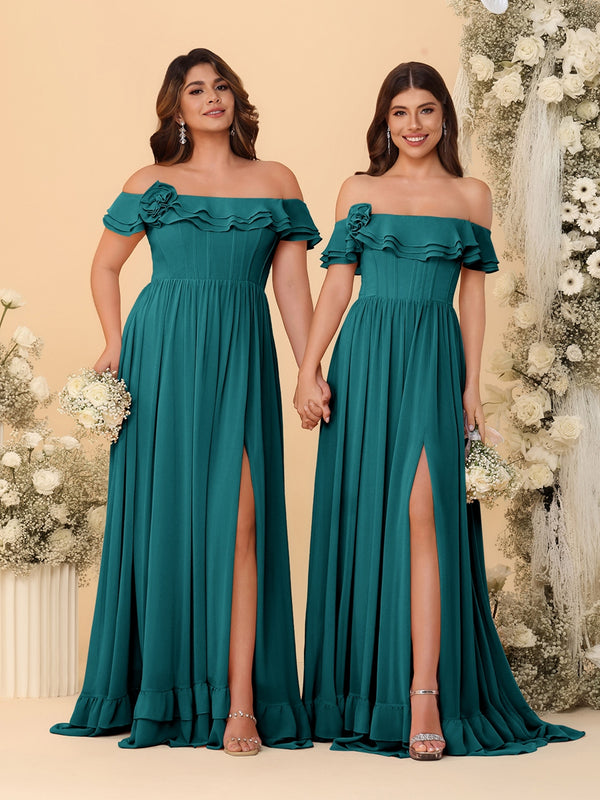 Chiffon A-Line/Princess Off-the-Shoulder Short Sleeves Ruched Bridesmaid Dresses