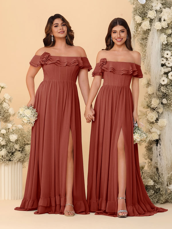 Chiffon A-Line/Princess Off-the-Shoulder Short Sleeves Ruched Bridesmaid Dresses