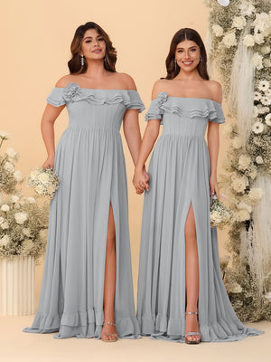 Chiffon A-Line/Princess Off-the-Shoulder Short Sleeves Ruched Bridesmaid Dresses