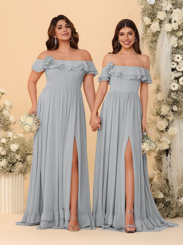 Chiffon A-Line/Princess Off-the-Shoulder Short Sleeves Ruched Bridesmaid Dresses