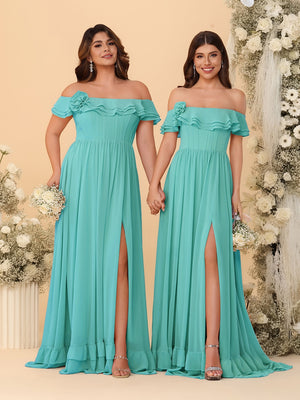 Chiffon A-Line/Princess Off-the-Shoulder Short Sleeves Ruched Bridesmaid Dresses
