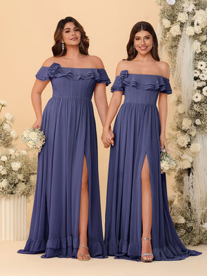 Chiffon A-Line/Princess Off-the-Shoulder Short Sleeves Ruched Bridesmaid Dresses