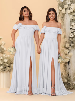 Chiffon A-Line/Princess Off-the-Shoulder Short Sleeves Ruched Bridesmaid Dresses