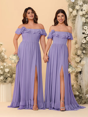 Chiffon A-Line/Princess Off-the-Shoulder Short Sleeves Ruched Bridesmaid Dresses